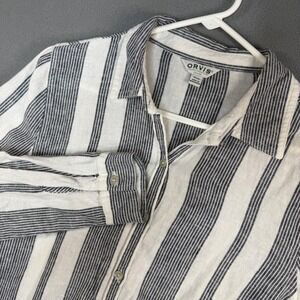 Orvis Womens Linen Blend Striped Button Down Shirt Navy White Roll Tab Small